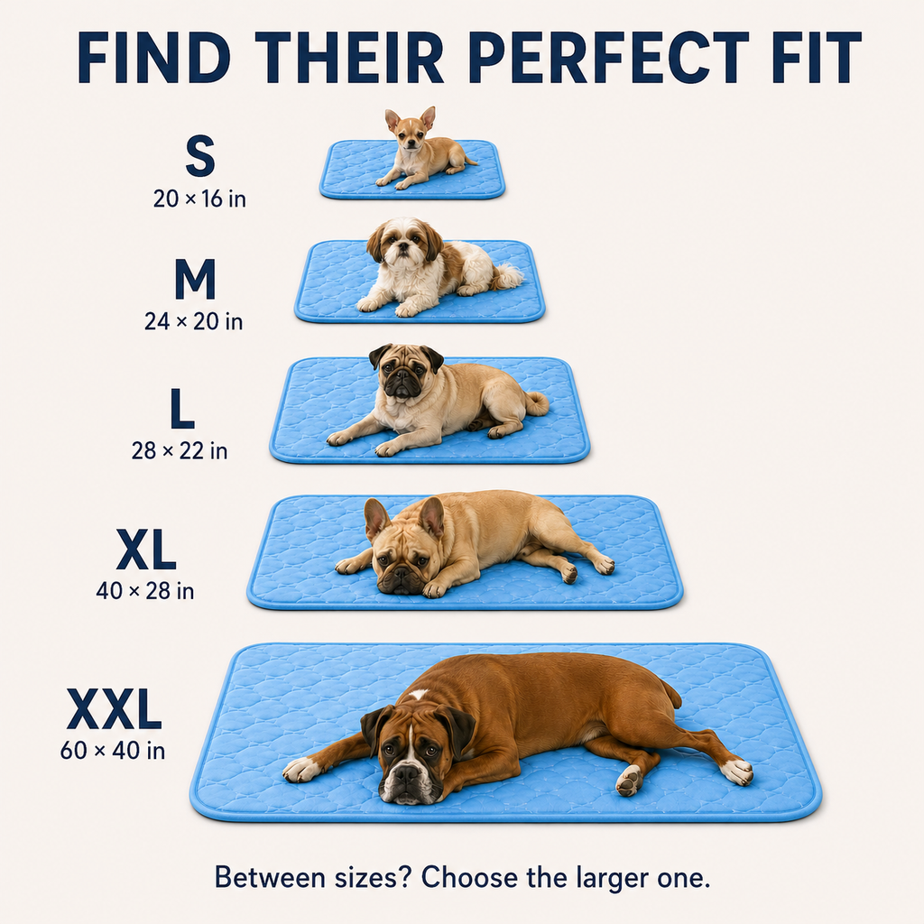 CoolRest size chart, S through XXL
